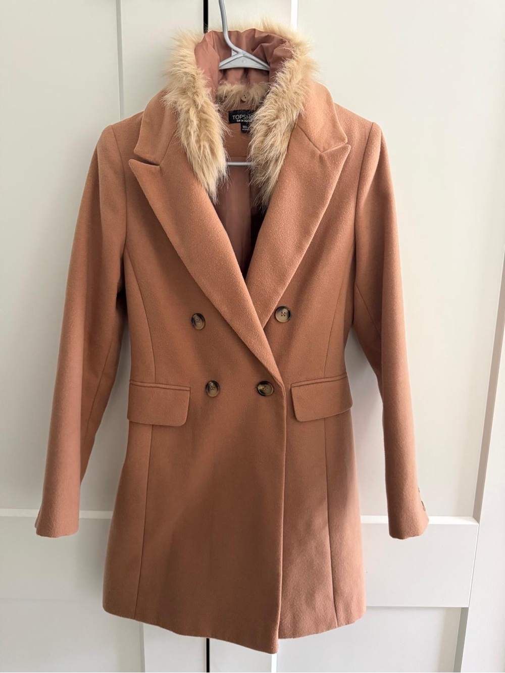 Topshop Women’s Double-Breasted Wool Coat with Faux Fur Collar - Camel